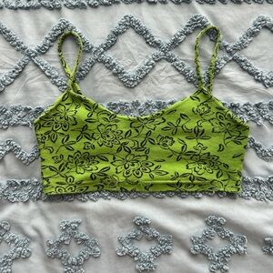 Energie Lime Green Crop Tank with Black Floral Print